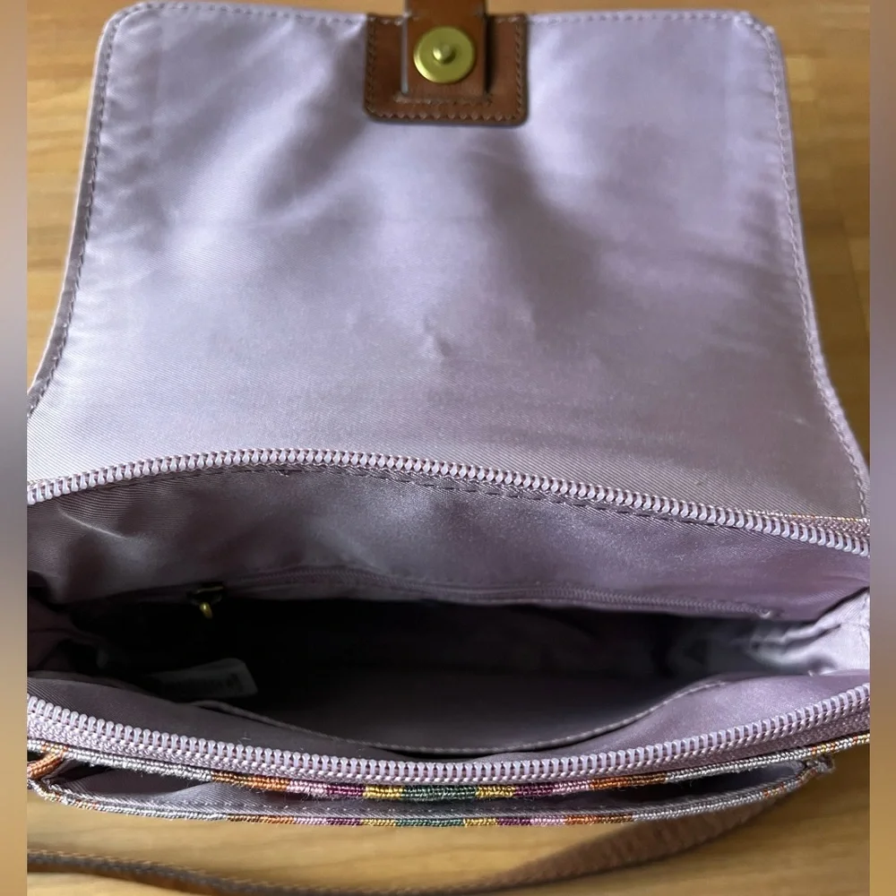 Fossil Leather & Stripe Canvas Crossbody Bag Brown Multicolor